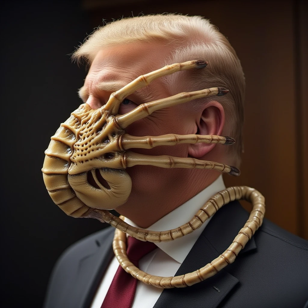 donald trump wears a facehugger with a scorpion tail as a mouthmask. the facehugger tail is wrapped around donald trump neck<lora:Facehugger:1.1>