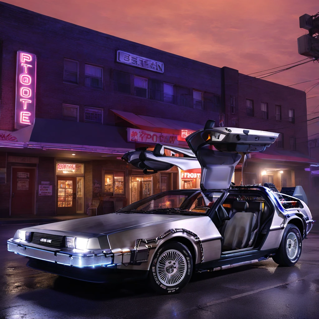 Back To The Future 1985 Delorean in front of a protitue hotel, silver sleek Delorean with gull-wing doors open, neon signs flickering, rundown building with cracked windows and graffiti, dimly lit street with puddles reflecting city lights, late night, urban decay, nostalgic 80s vibe, moody and tense atmosphere, cinematic style, highly detailed illustration,