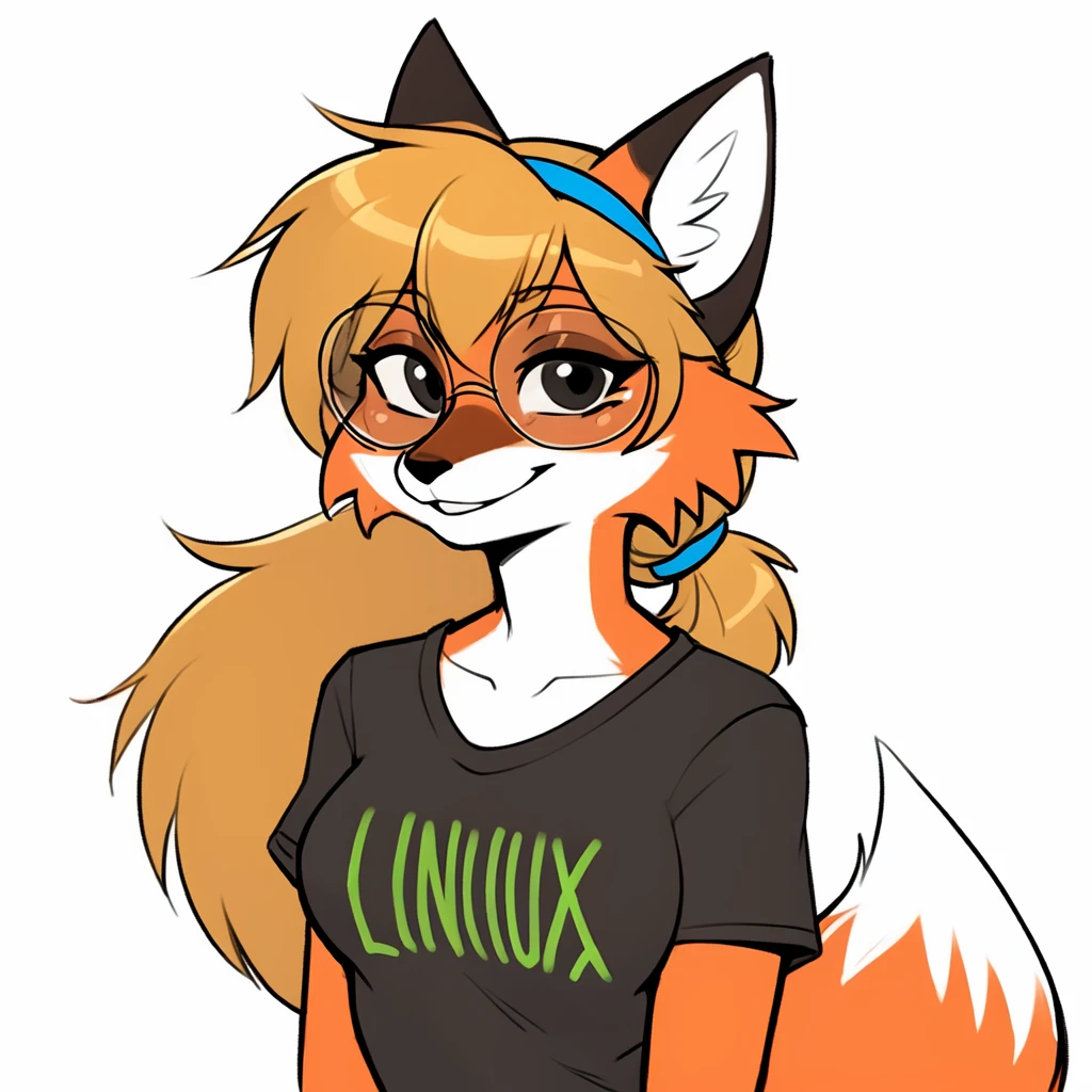 best quality, high quality, masterpiece, furry, xenia_linux_fox, female, red fox, fox girl, two-tone fur, dark yellow hair, long hair, ponytail hair, close up, portrait, smile, clothes, black t-shirt, title, green title, green "LINUX" title on t-shirt, text on shirt, short sleeves, black eyes, simple eyes, black glasses, round glasses, blue hairband, fox tail, white background, flat colors,  <lora:fluffyrock-quality-tags-v4:1>,  <lora:Xenia_Lunix_Fox_LoRA_v1.0:0.7>