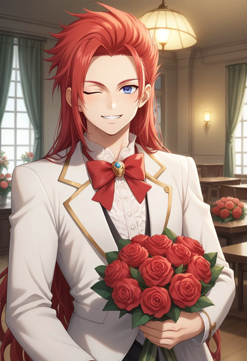 score_9, score_8_up, score_7_up, source_anime, highly detailed, 
zelos, 1boy, male focus, flower, one eye closed, red hair, rose, bouquet, blue eyes,
solo, bow, smile, red flower, red rose, bowtie, formal, long hair, looking at viewer, suit, red bow, upper body, indoors,