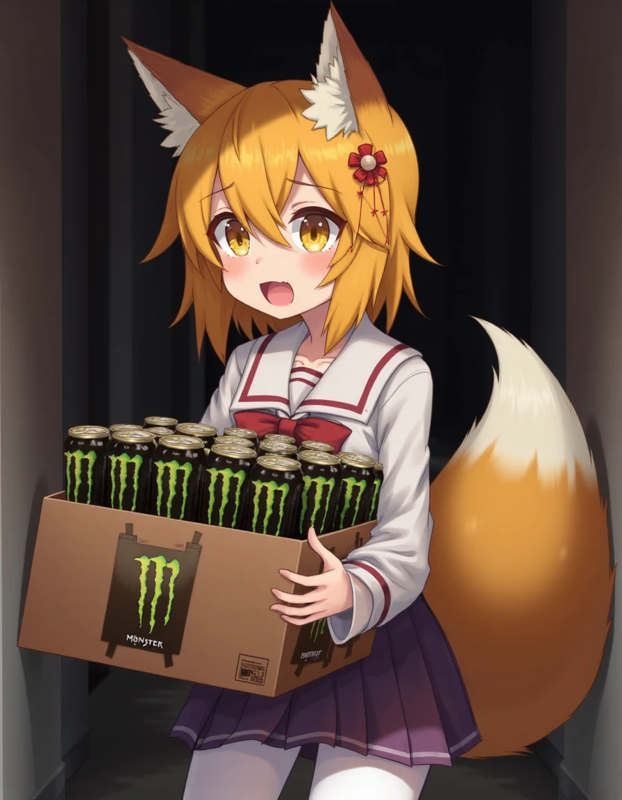 This is a digital anime-style drawing featuring a young, anthropomorphic female character with fox-like attributes. She has large, expressive yellow eyes and short, tousled blonde hair adorned with a small red flower on the left side. Her ears are fox-like, with white tips and brown fur, and she has a fluffy, white-tipped tail.
She holding a large box with Monster Energy cans. School uniform. White tights. She is surprised and embarassed. She is standing in dark coridor.
 <lora:senko_flux_v1:1>