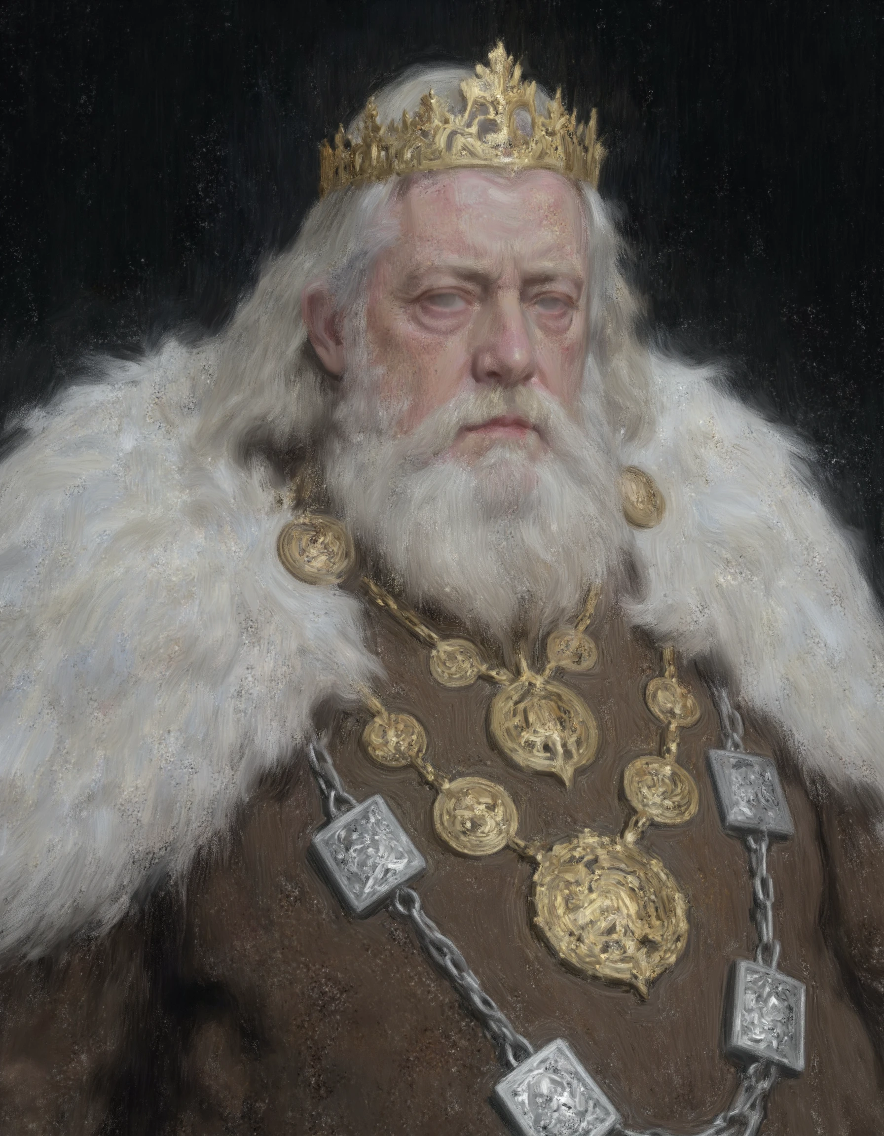 huaishen painting of an elderly king with pale skin and long white hair, adorned with a golden crown featuring pointed arches and intricate detailing. He has a full white beard and a stern expression, with deep-set eyes that convey wisdom and authority. The king wears a regal attire, including a dark brown tunic with an ornate golden pattern that resembles stylized wings and foliage. Over the tunic, he has a white fur cloak with jagged edges draped over his shoulders, adding to his majestic appearance. The cloak appears to be made of thick fur, with individual strands visible at the edges. He also wears several necklaces with large golden medallions, some featuring floral designs and others with intricate patterns. Two thick silver chains with large square links hang over his chest, adding to the richness of his attire. The background is a dark, neutral color that serves to highlight the king's figure and his elaborate costume.<lora:Wral:1>