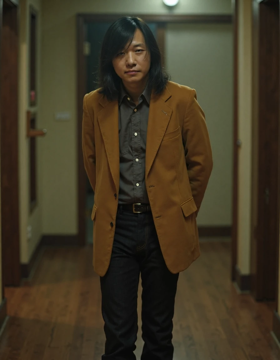 cinematic film still <lora:Tatsuro_Yamashita_FLUX:0.8> full body portrait of young Tatsuro Yamashita in a tan blazer standing knock-kneed,  . shallow depth of field, vignette, highly detailed, high budget, bokeh, cinemascope, moody, epic, gorgeous, film grain, grainy