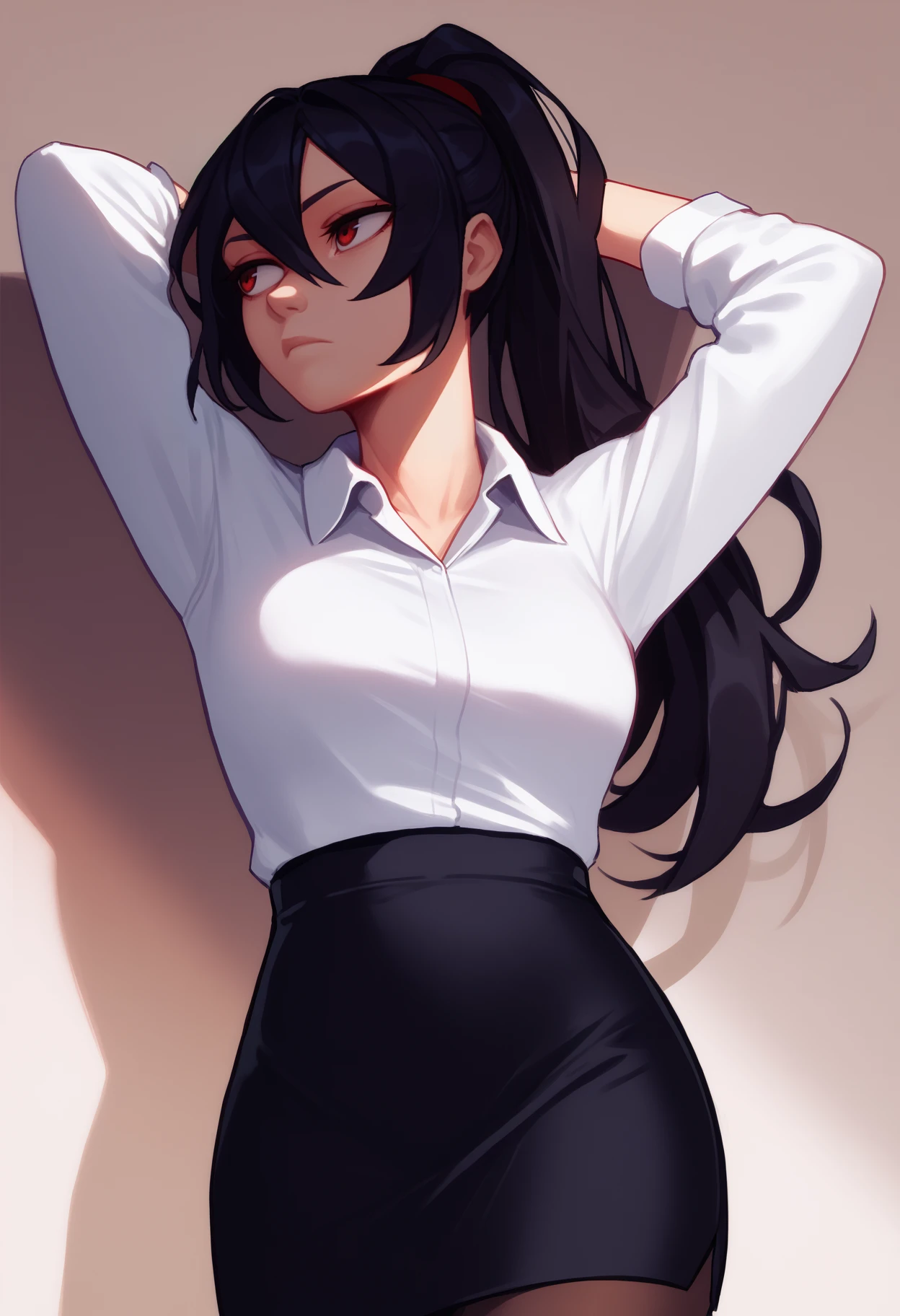 score_7_up, score_6_up, solo, 1girl, expressionless, looking away, standing, arms behind head, long hair, black hair, hair between eyes, ponytail, red eyes, white shirt, collared shirt, black skirt, pencil skirt, black pantyhose, medium breasts
<segment:yolo-face_yolov8m.pt,0.4,0.5//cid=1>