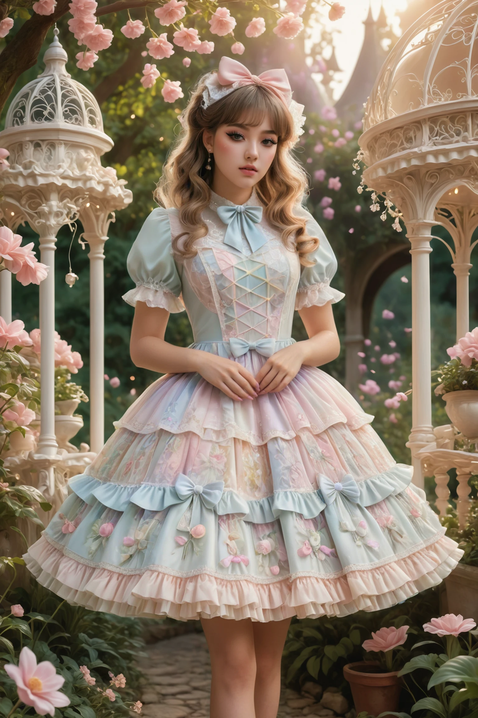 highly detailed (full body photograph) of a young woman 
wearing an extravagant soft pastel sweetegl dress, intricate lace, bows, and frills, voluminous skirt and puffy sleeves 
standing in a whimsical, fairy-tale-like garden with blooming flowers, twinkling fairy lights, charming gazebo in the background
bathed in soft, dreamy light
<lora:sweetlolitaXLv5.1:1.5>