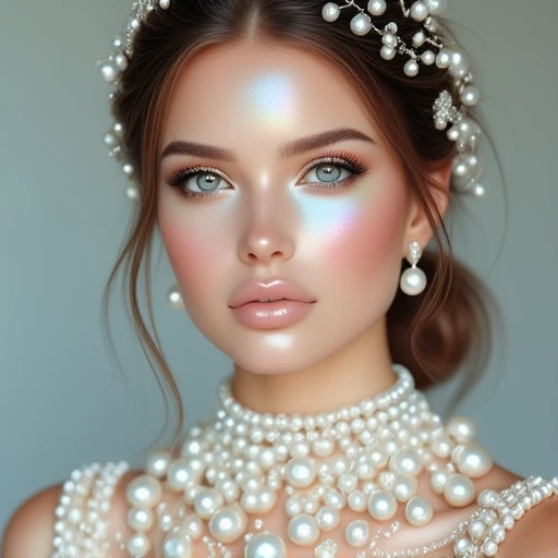 A headshot photograph of a glamourous woman with lustrous pearlescent skin. She has pearl accessories in her hair, she wears pearl jewelry, and her dress is covered in pearls.