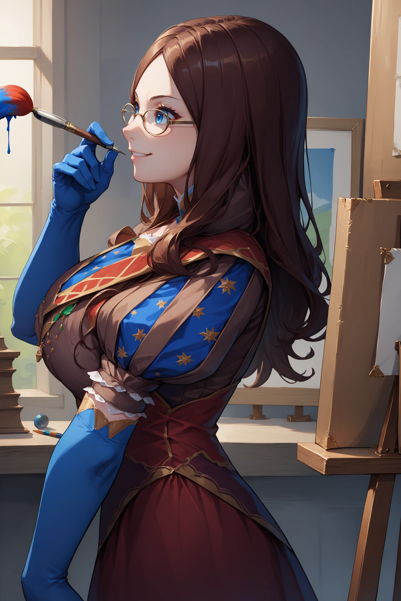 score_9, score_8_up, score_7_up, score_6_up, source_anime, 1girl, solo <lora:leocaster-pdxl-nvwls-v1-000006:1> leodv, brown hair, long hair, parted bangs, blue eyes, glasses, brown dress, short puffy sleeves, red skirt, blue gloves, elbow gloves, blue thighhighs, big breasts, easel, smile, indoors, from side, holding paintbrush