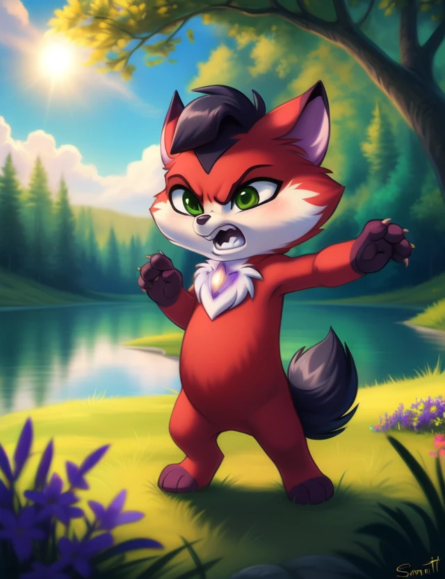 <lora:AmaruEvilLoliRockYif:1> AmaruEvilLoliRock, green eyes, black tail, red fur, (claws,) chibi,    (standing, waves his hand, raised his hand, angry )
[ the sun is shining, (glade,) forest, grass, stars, lake, day, , clouds, flowers, blanket, blue pillows, candles,] 
(beautiful, aesthetic, perfect, delicate, intricate, saturated colors), masterpiece, digital drawing, best quality,
[by personalami], by smitty g, [[[by Foxovh]]], [[by Ross Tran]]