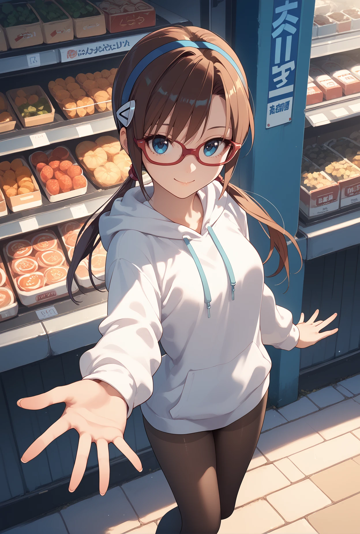 score_9, score_8_up, score_7_up, score_6_up, score_5_up, score_4_up,anime source,
1girl,low twintails,brown hair,blue eyes,makinami mari illustrious,glasses
street,shop, smile,
white hoodie, pantyhose,from above,outstretched arm,arm at side, <lora:Eva08XLPony:1>