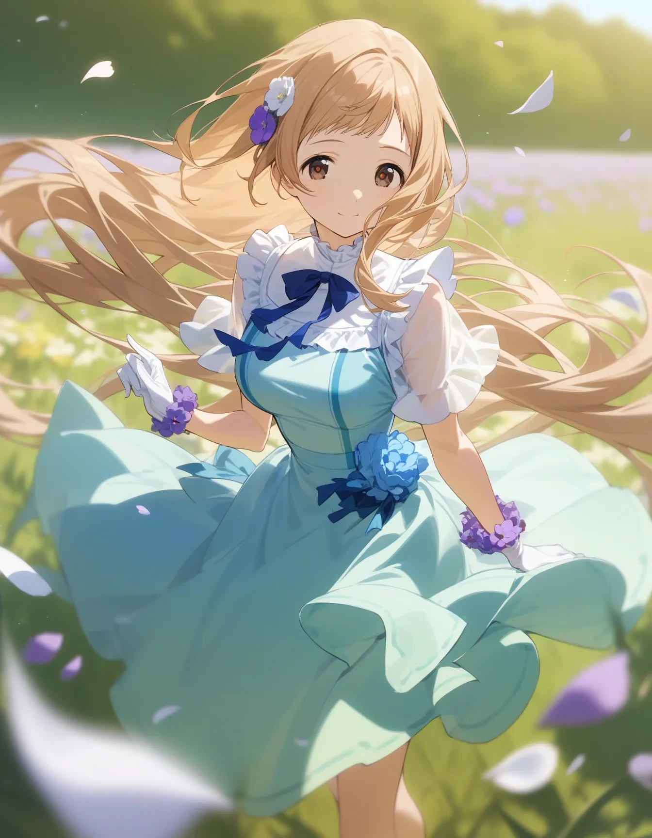 m_sakuragi, 1girl, long hair, very long hair, light brown hair, brown eyes, bangs, medium breast, asymmetrical bangs, blue bow, blue dress, blurry, blurry background, bow, bracelet, day, depth of field, dot nose, dress, dress bow, dress flower, falling petals, field, floating hair, flower, flower field, frilled dress, frilled gloves, frilled shirt collar, frilled sleeves, frills, gloves, grass, green dress, hair flower, hair ornament, jewelry, light smile, looking at viewer, multicolored clothes, multicolored dress, outdoors, petals, plate, purple flower, see-through, see-through sleeves, single sidelock, solo, standing, sunlight, white dress, white flower, white gloves, wind,
masterpiece, best quality, very aesthetic, absurdres
<lora:m_sakuragiXL_animagine:1>