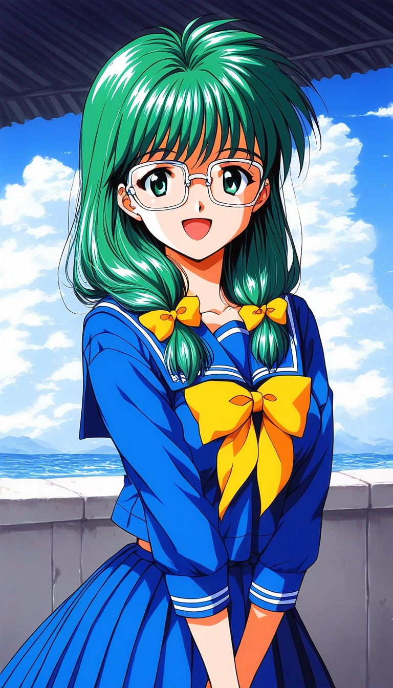 score_9, score_8_up, score_7_up, source_anime, rating_explicit, BREAK  <lora:Kisaragi_Mio_XL:1> Kisaragi_Mio, long hair, green hair, glasses, over-rim eyewear, green eyes, hair over shoulder, low-tied long hair,  medium breasts,
1990s \(style\), 1girl, solo, school uniform, blue serafuku, open mouth, looking at viewer, long sleeves, skirt, bow,
 blue skirt, sailor collar, yellow bow, smile, blue sailor collar, pleated skirt, shirt, blue shirt, 
outdoor, day, sky,