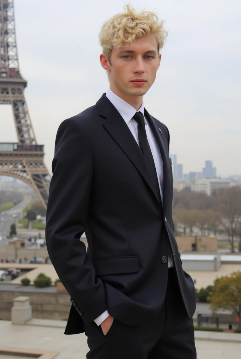 <lora:troye:1> Troye Sivan Blond in a suit outside the eifel tower