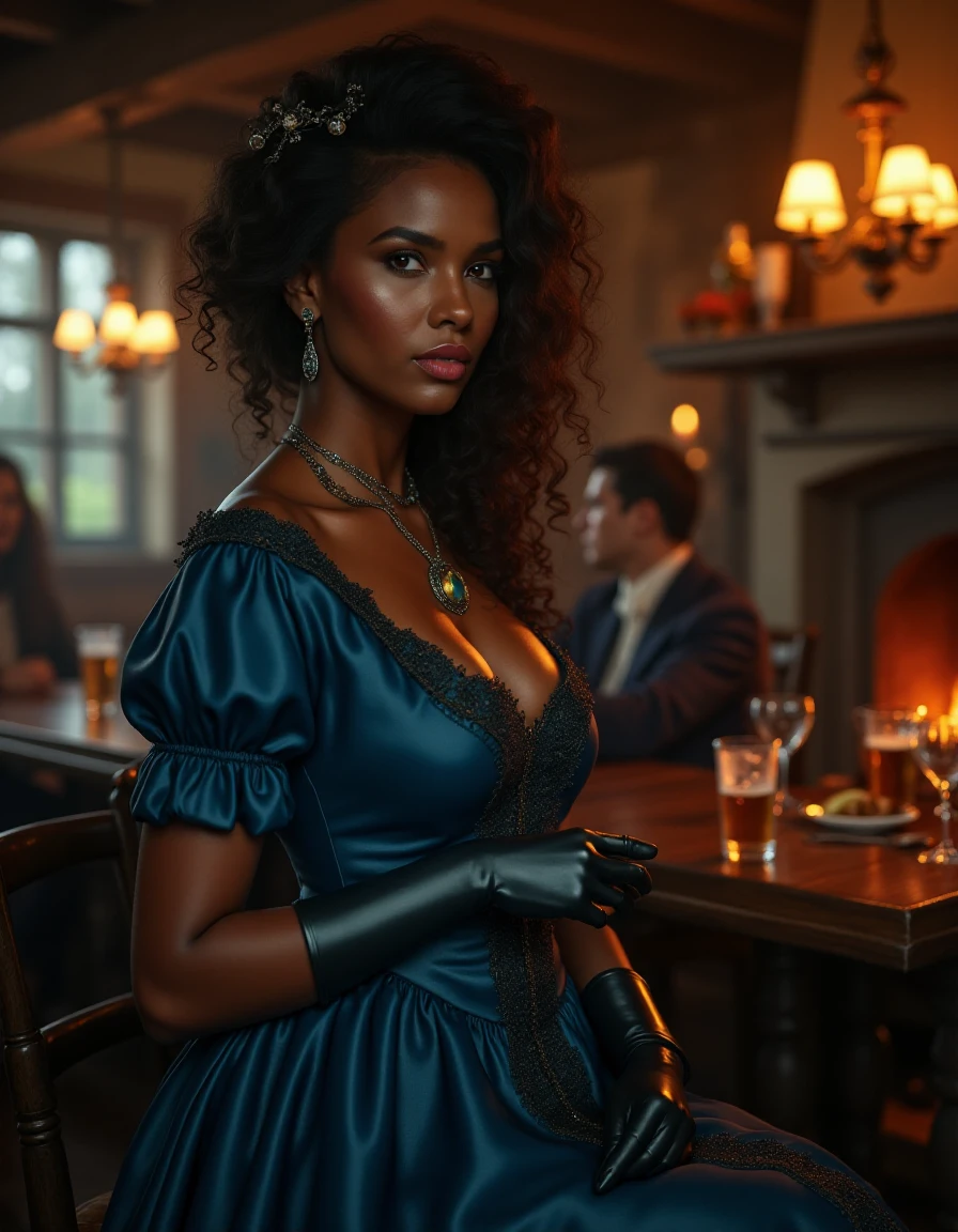 Very sensual woman,<(seductive harlot) young woman, south african, dark skin, hazel eyes, wearing a blue empire waist dress, fishnet stockings, buckled shoes, jeweled ring, subtle blush,red lips,rosy cheeks, silk gloves,embroidered shawl, set in the 18th century, in bustling inn, wooden beams, roaring fireplace, patrons laughing and talking, scent of ale and food>,dramatic lighting, hyper-realistic, detailed shading, cinematic, 4k resolution, a masterpiece, <lora:Pure Woman_epoch_1:1>