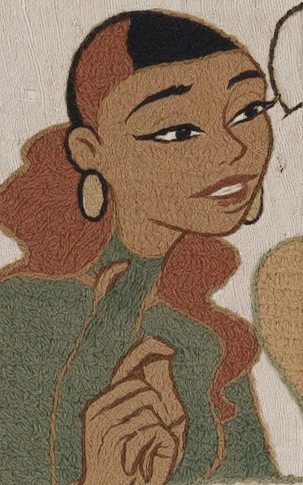 <lora:bayeux_pony_v1:1> bayeux, bayeux tapestry, an embroidered tapestry showing nsfw_gagala_monuqie_ownwaifu, <lora:PONYXL_Gagala_Monuqie_ownwaifu:0.75> earrings, curly hair, colored skin, dark-skinned female, score_9, score_6_up, score_7_up