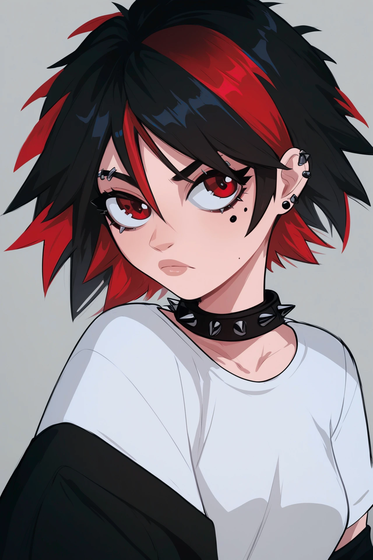 score_9, score_8_up, score_7_up,1girl,inzaniak,<lora:avocado_xl:0.7>,piercing,black hair,1girl,black sleeves,shirt,hitnex,red hair,spiked collar,white shirt,mole,spikes,medium hair,mole under eye,solo