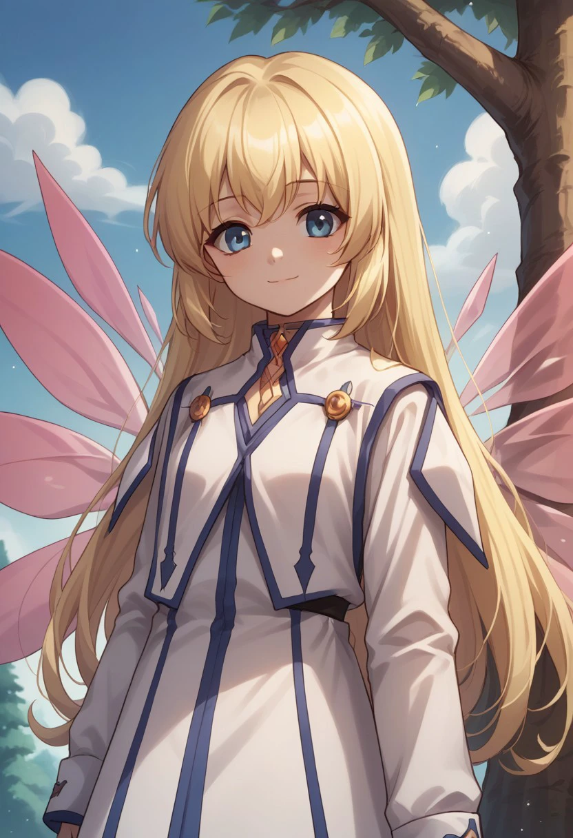 score_9, score_8_up, score_7_up, source_anime, highly detailed, 
colette, 1girl, pink wings, solo, blonde hair, long hair, wings, blue eyes,
smile, long sleeves, looking at viewer,
closed mouth, dress, white dress,  bangs, upper body
outdoor, sky, tree