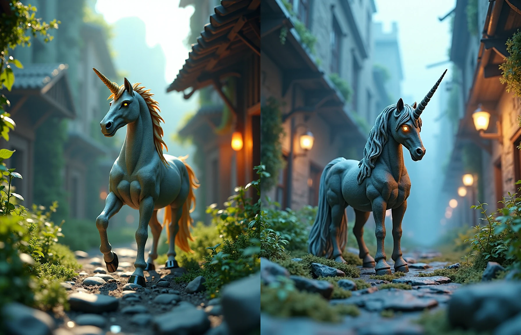 A (3D geometrically printed figurine) of a mystical unicorn, made out of fractangles, her eyes glowing with magic and energy as she navigates the treacherous alleys. In-game lighting enhances dynamic movement from scene to spot on rendered landscape concept while retaining allure through its intricate detail casting detailed magical imagery upon every corner pathfinder's gaze in an immersive 4K, Postapocalyptic, overgrown with plant life and ivy, artgerm, yoshitaka amano, 8k, octane render, unreal engine