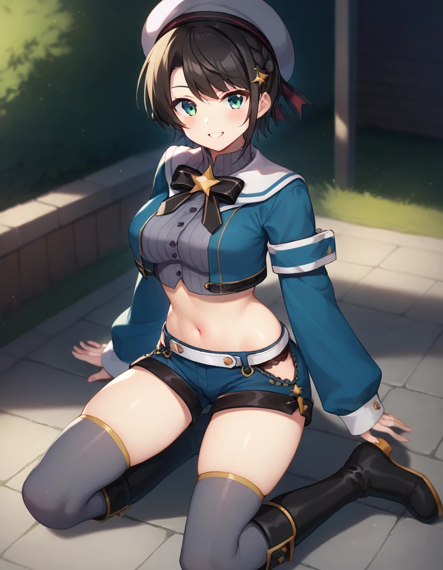 Homura, black ponytail, green eyes, tan1:1, large breasts, solo, fully body, thighs,
HoUni, black serafuku, midriff, pleated skirt, loose socks, underboob, short sleeves, crop top overhang ,shoes, hair ribbon, black panties, no bra, brown gauntlets,
(insanely detailed, beautiful detailed face, masterpiece, best quality) cinematic lighting, <lora:Homura-10:0.8>