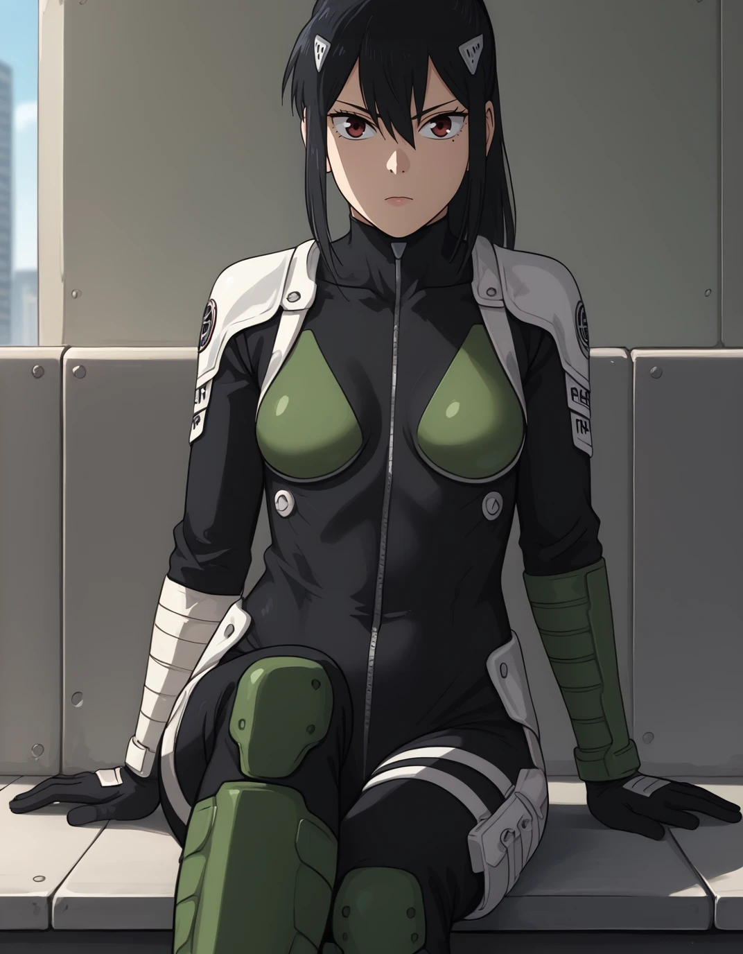 <lora:Mina Ashiro:1>, mina ashiro, solo, kaiju battle suit, sitting, legs crossed, depth of field, front view