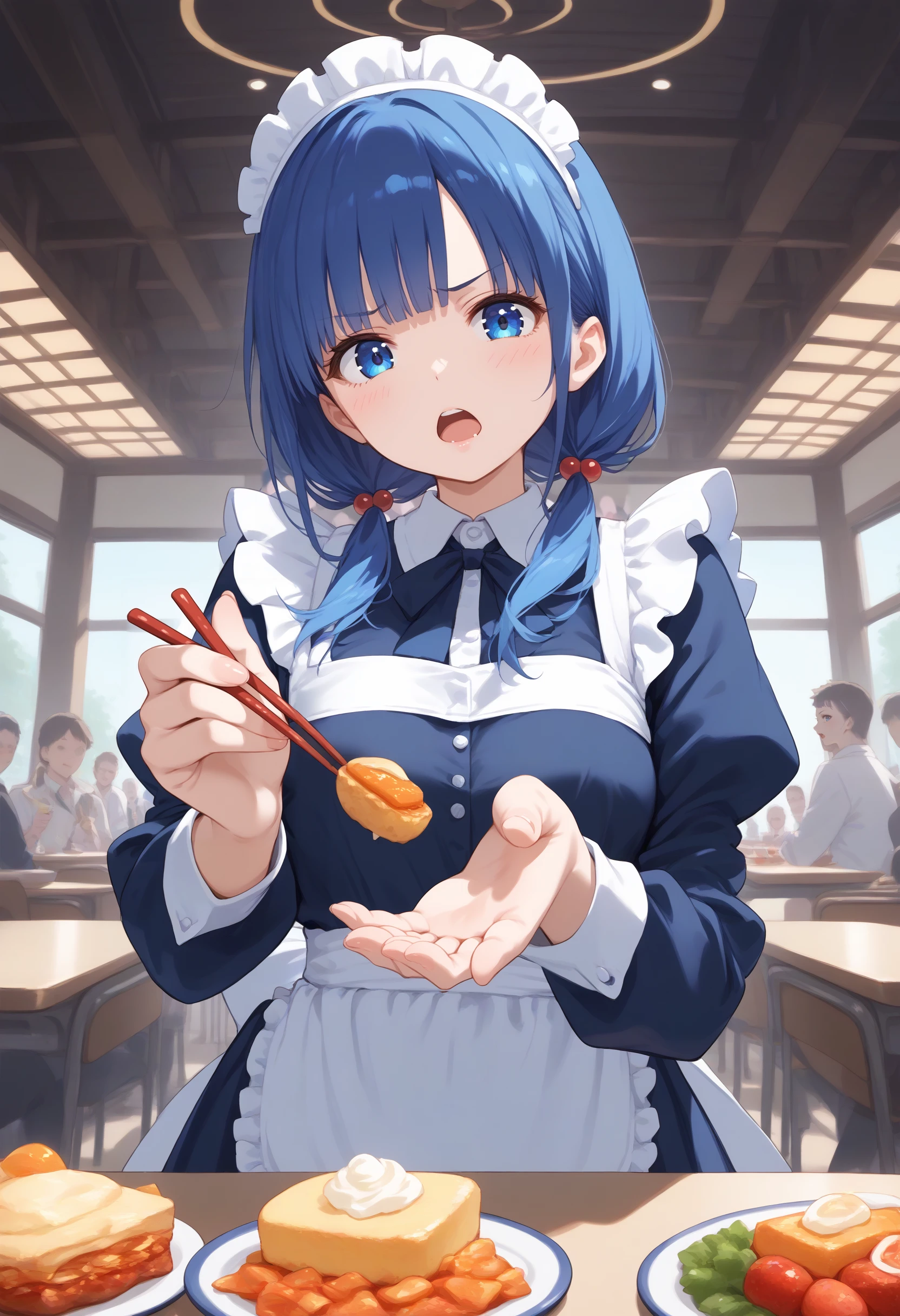 score_9, score_8_up, score_7_up, source_anime,
1girl,solo,medium breasts, maid, maid headdress,
feeding, food, open mouth, incoming food, looking at viewer, holding chopsticks, bento, tamagoyaki,tako-san wiener ,<lora:feeding_Pony_v1:0.8>
ceiling, feet out of frame, blue hair, blue eyes,frown, crowd, low twintails hair,,