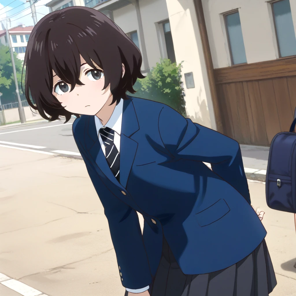 <lora:Hyper-SDXL-8steps-lora:1>,score_9,score_8_up,score_7_up,source_anime,<lora:mitsue:1>,1girl,black eyes,black hair,hair between eyes,short hair,school uniform,blazer,