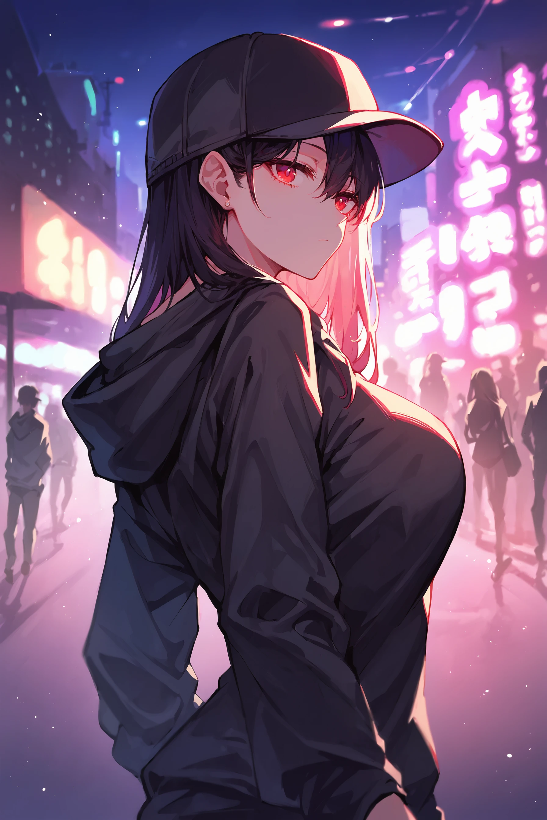 (score_9, score_8_up, score_7_up) BREAK source_anime,neon,1girl,solo,red eyes,black hair,long hair,baseball cap,earrings,black hoodie,expressionless,looking to the side,upper body,standing,outdoors,city,night,street,club,city lights,blurry,lens flare,blurry background,<lora:neon_v1:1>,