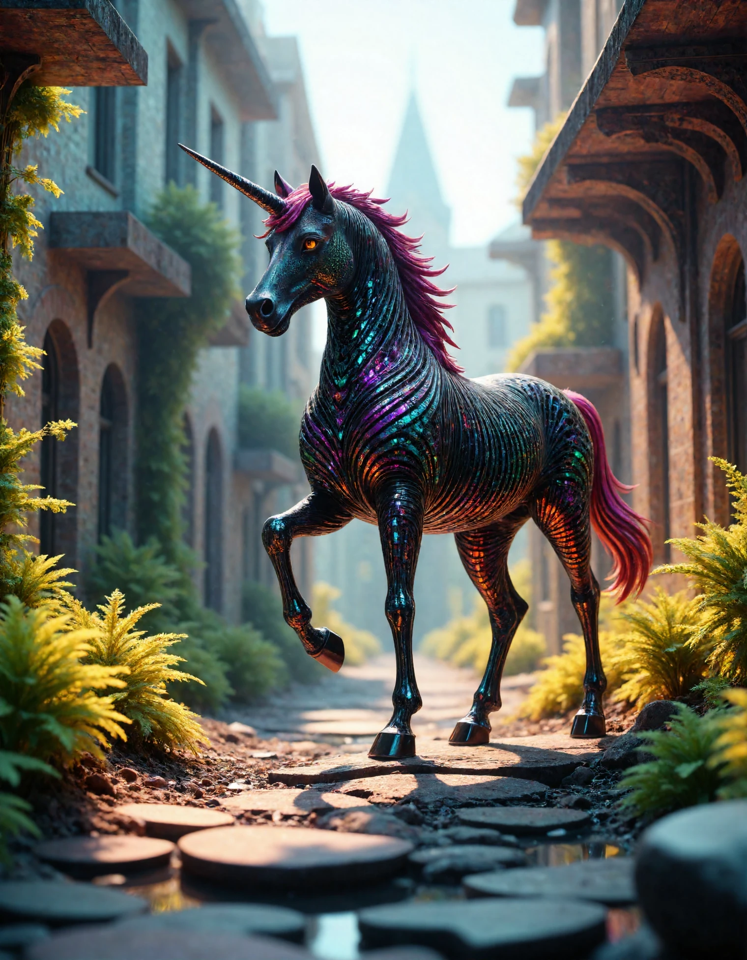 A (3D geometrically printed figurine) of a mystical unicorn, made out of fractangles, her eyes glowing with magic and energy as she navigates the treacherous alleys. In-game lighting enhances dynamic movement from scene to spot on rendered landscape concept while retaining allure through its intricate detail casting detailed magical imagery upon every corner pathfinder's gaze in an immersive 4K, Postapocalyptic, overgrown with plant life and ivy, artgerm, yoshitaka amano, 8k, octane render, unreal engine  <lora:Fractangles - Flux_epoch_20:1>