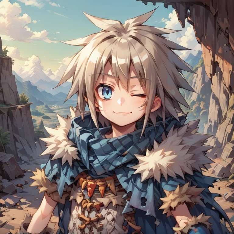 (score_9, score_8_up, score_7_up, score_6_up), source anime, BREAK, solo, <lora:Milanor:0.75> , miladef, 1boy, grey hair, spiked hair, blue eyes, fur trim, blue cloak, white corset, (upper body),  exterior, outdoors, day, canyon, mountains, cliffs, valleys, wasteland, standing, closed mouth, smug grin, head tilt, <lora:zy_Detailed_Backgrounds_v1:0.5> , detailed background, highly detailed,   <lora:backgroundsetXL:0.4> , background, looking at viewer, one eye closed,  <lora:cr33pXLP:0.7> , cr33p,