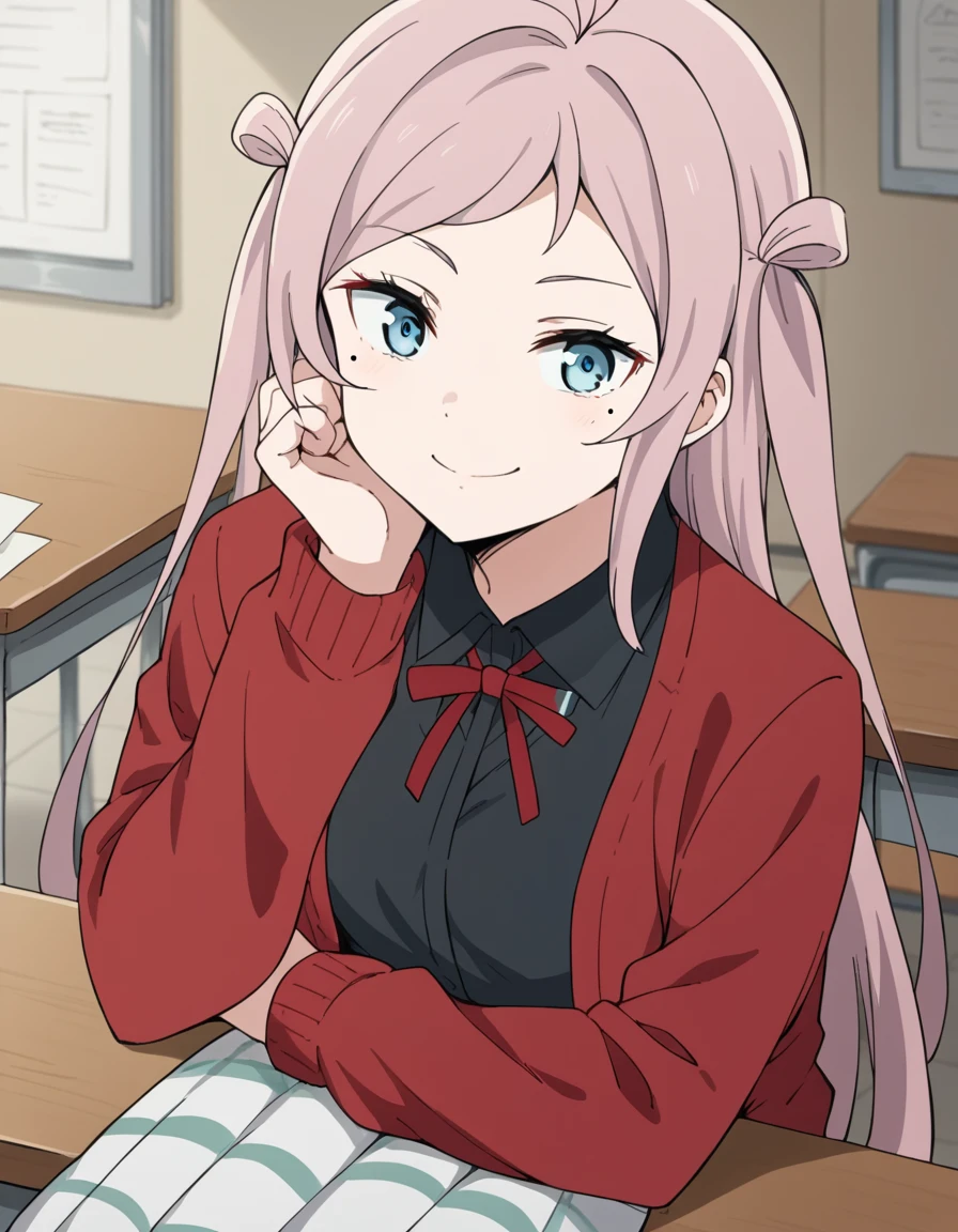 score_9, score_8_up, score_7_up, source_anime, <lora:lanzhu-zhong-s2-ponyxl-lora-nochekaiser:1>, lanzhu zhong, long hair, bangs, blue eyes, pink hair, ahoge, sidelocks, mole, two side up, mole under eye,, skirt, shirt, ribbon, school uniform, collared shirt, plaid, black shirt, neck ribbon, plaid skirt, white skirt, cardigan, red jacket, checkered skirt, nijigasaki academy school uniform,, indoors, smile, looking at viewer, solo, sitting, head rest, table,, cowboy shot, dutch angle