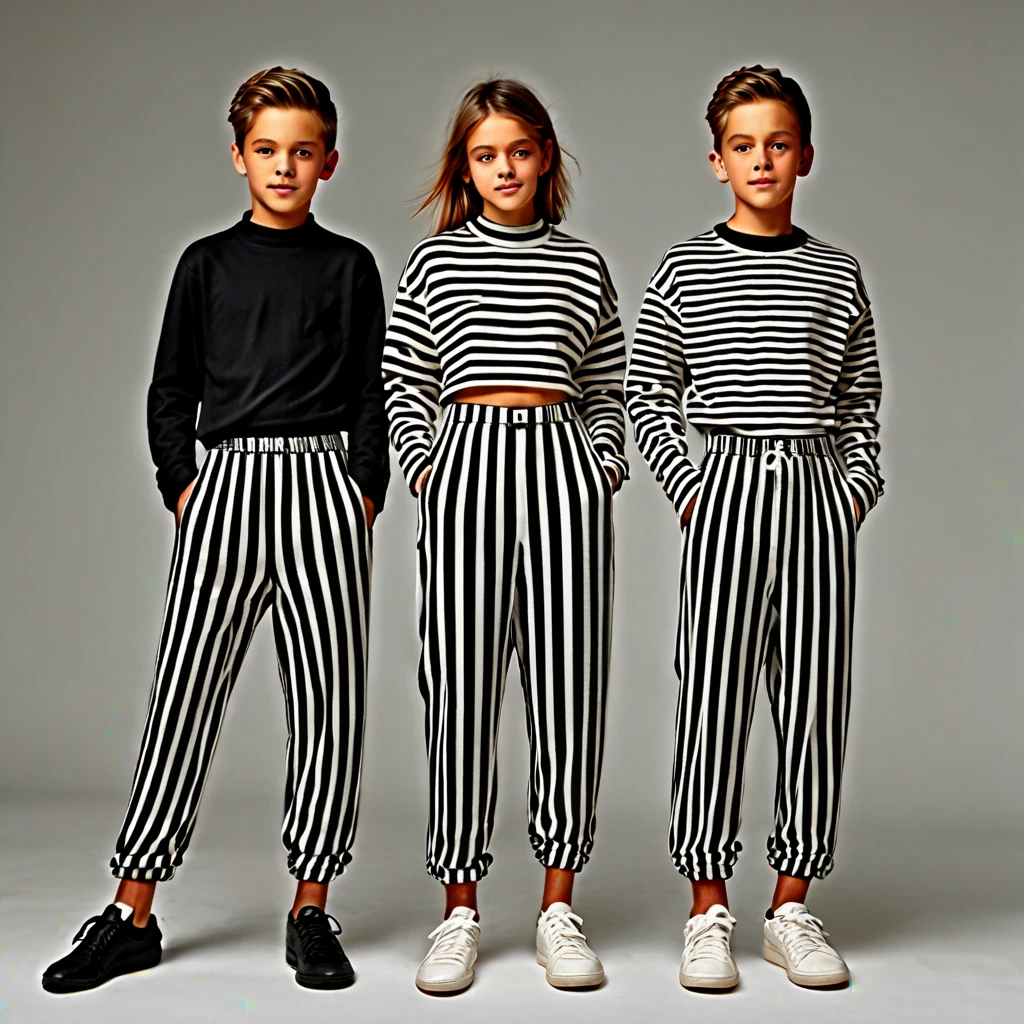 1 boy, 1girl, both wearing black and white striped pants