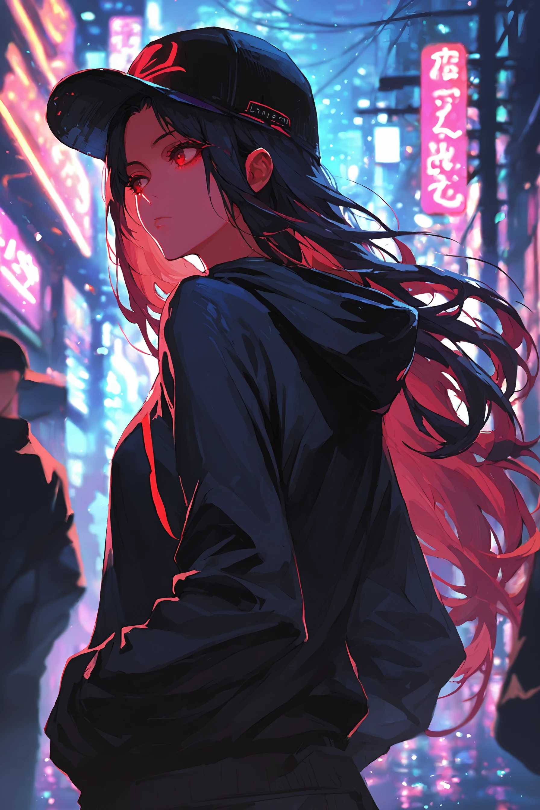 (score_9, score_8_up, score_7_up) BREAK source_anime,neon,1girl,solo,red eyes,black hair,long hair,baseball cap,black hoodie,expressionless,looking to the side,upper body,standing,outdoors,city,night,street,city lights,blurry,
neon lights,<lora:neon_v1:1>,