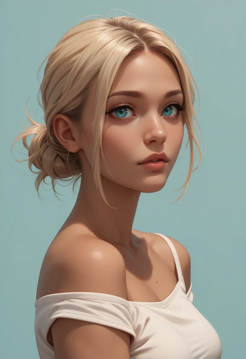 score_9, score_8_up, score_7_up, score_6_up, score_5_up, score_4_up, 1girl, brown skin, medium breasts , lips, half-up half-down hairstyle hair, light blonde hair, turquoise eyes, wearingpullover , upper body, 
simple background,