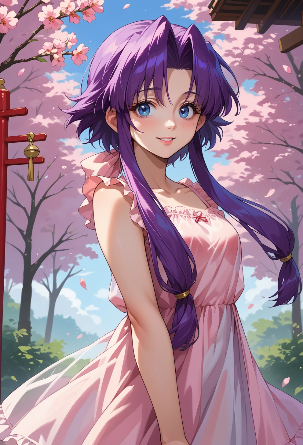 score_9, score_7_up, source_anime, BREAK <lora:AECherry-000009:0.9> AECherry, blue eyes, purple hair, , low-tied sidelocks, short hair with long locks, sundress, frilled dress, see-through, smile, cherry blossoms,