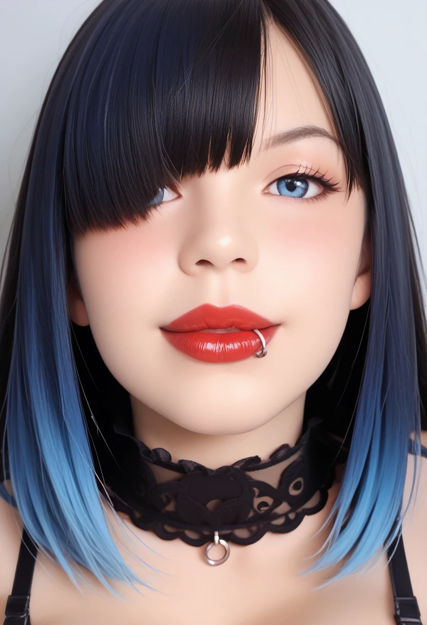 score_9, score_8_up, score_7_up, score_6_up, score_5_up, score_4_up, 
lippiercing, lipring, lips, lip piercing, lip ring, face focus, close up, 
1girl, solo, long hair, breasts, looking at viewer, blush, smile, bangs, blue eyes, large breasts, black hair, gloves, dress, cleavage, bare shoulders, closed mouth, underwear, blue hair, upper body, multicolored hair, elbow gloves, bra, hair over one eye, collar, lips, gradient hair, black bra, breasts apart, red lips,