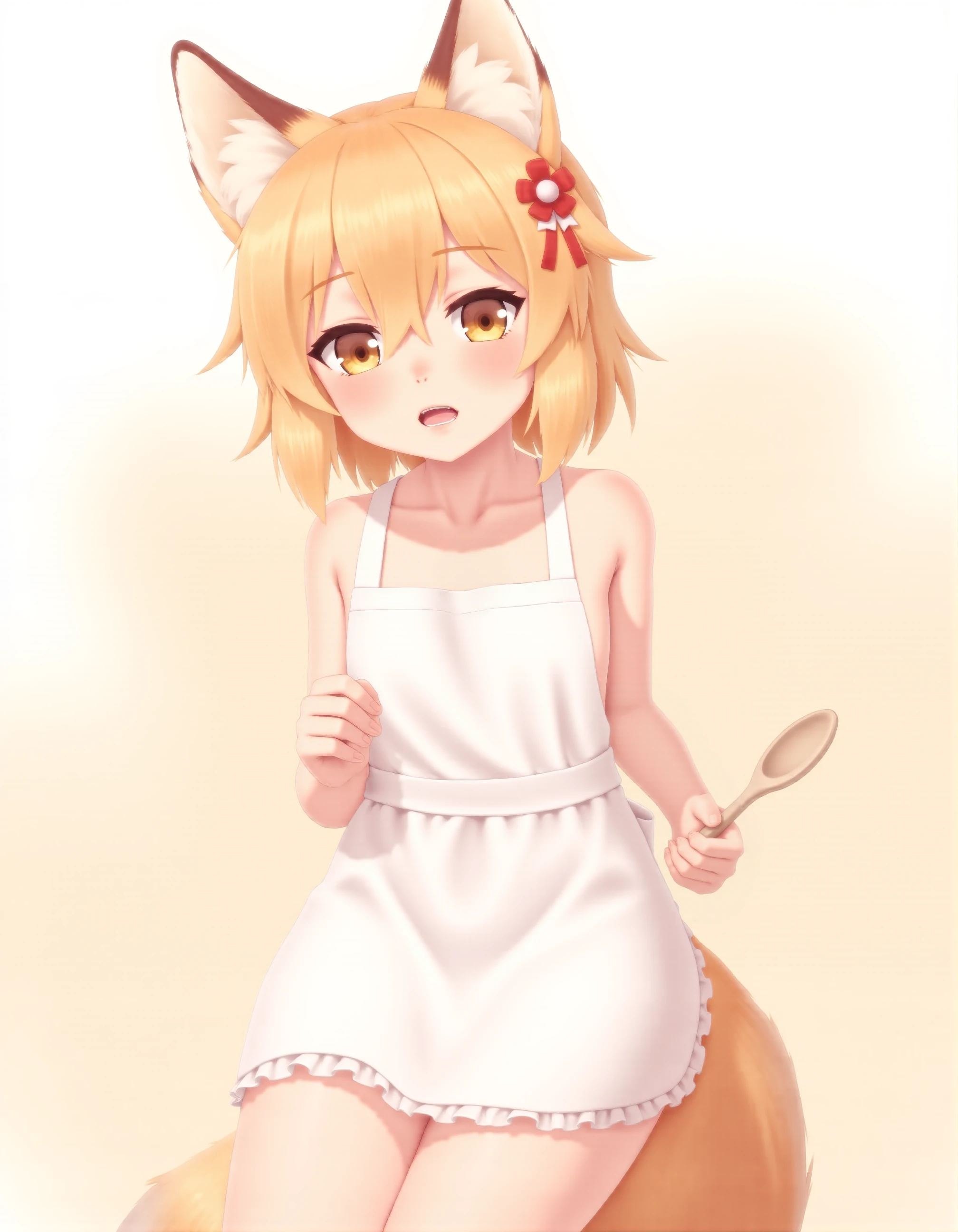 This is a digital anime-style drawing featuring a young, anthropomorphic female character with fox-like attributes. She has large, expressive yellow eyes and short, tousled blonde hair adorned with a small red flower on the left side. Her ears are fox-like, with white tips and brown fur, and she has a fluffy, white-tipped tail. She is dressed in a white apron that ties at the back, leaving her midriff exposed, and her breasts partially covered. The apron has frills along the neckline and hem.
In her right hand, she holds a wooden spoon. The background is a simple gradient of light beige to white, ensuring the focus remains on the character. The overall style of the image is vibrant and playful, with soft shading and a high level of detail typical of digital anime art. The character's pose and expression suggest a blend of innocence and playfulness.
<lora:senko_flux_v1:1>  <lora:pami_flux_v1-5000:1>