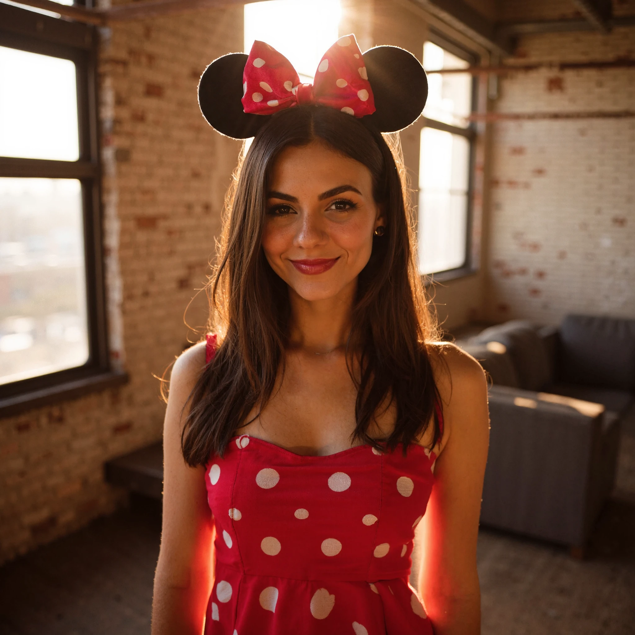 close-up photograph of Victoria Justice, standing in an industrial loft apartment. The scene is bathed in warm, golden sunlight streaming through large, floor-to-ceiling windows, filling the space with a cozy, inviting glow.

Victoria is dressed in a Minnie Mouse-inspired outfit, adding a playful and whimsical touch to the scene. She wears a classic Minnie Mouse-inspired dress, featuring a red and white polka-dot pattern. The dress is fitted at the waist with a flared skirt that adds a fun, retro vibe to her look. Her outfit is completed with iconic Minnie Mouse ears, a black headband with large, round ears and a red bow perched between them, adding a cute and recognizable element to her appearance.

Her long, dark hair is styled to complement the Minnie Mouse ears, falling gracefully around her shoulders. The sunlight streaming through the large windows catches in her hair, highlighting its rich tones and adding a touch of radiance to her look.

Victoria’s face is the focal point of the photograph, capturing her natural beauty and playful expression. Her eyes are bright and lively, catching the warm light and adding depth to her gaze. She has a slight, joyful smile that conveys a sense of fun and lightheartedness, perfectly matching the playful nature of her outfit.

The background of the industrial loft apartment is visible but softly blurred, ensuring that the focus remains on Victoria and her distinctive outfit. The exposed brick walls, metal beams, and large windows characteristic of an industrial loft add texture and contrast to the scene. The warm sunlight creates a dynamic interplay of light and shadow across the room, highlighting the raw, modern aesthetic of the space while enhancing the overall warmth of the photograph.

The overall mood of the image is playful and cheerful, blending the whimsical elements of the Minnie Mouse-inspired outfit with the warm, sunlit atmosphere of the industrial loft. The close-up perspective emphasizes Victoria’s joyful expression and the fun details of her outfit, creating a visually striking and endearing portrait