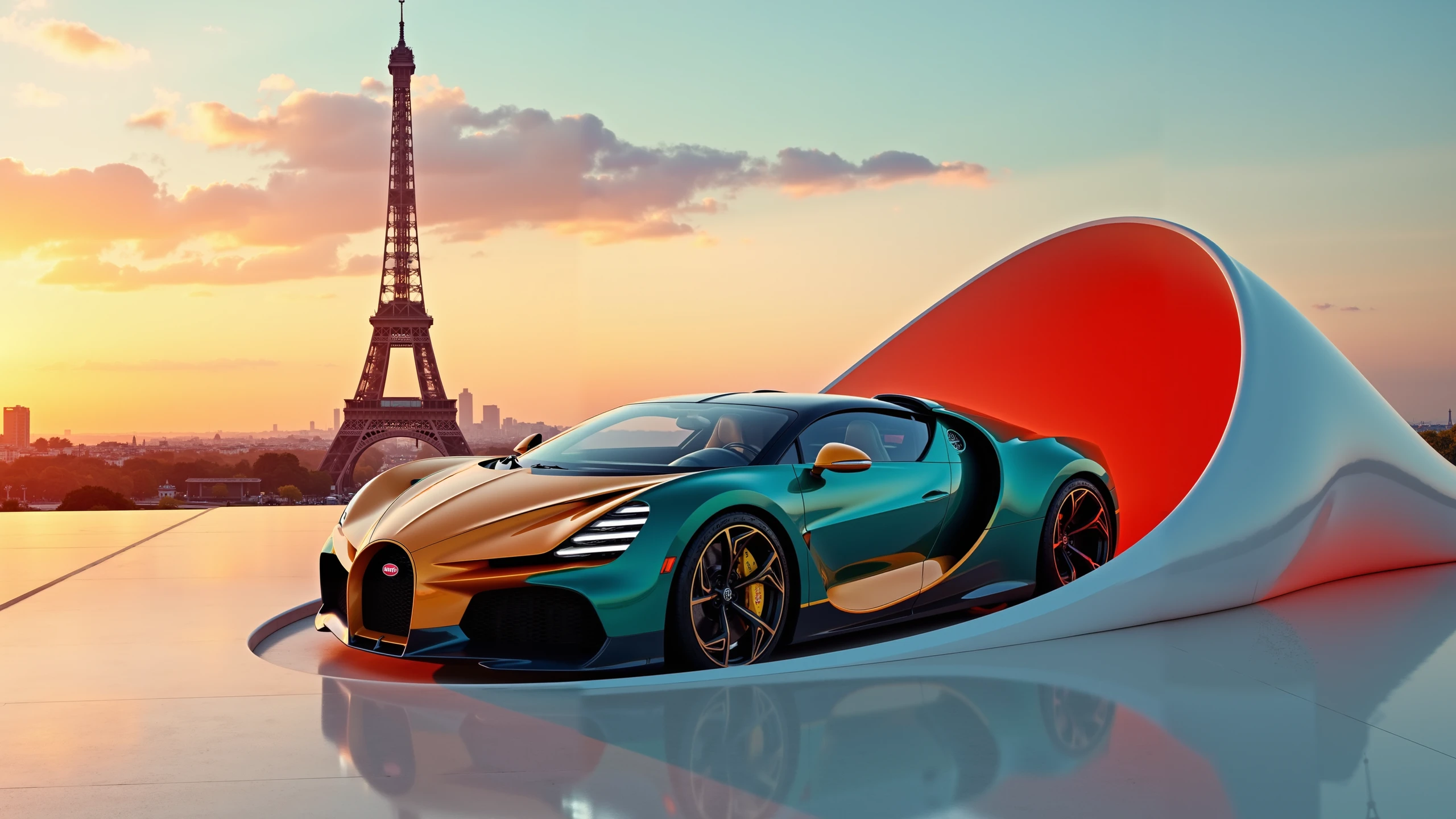 A stunningly sleek, Bugatti W16 Mistral, in a surrealist environment with smooth, flowing shapes and vibrant colors. The car features a luxurious design with a metallic finish in teal and orange, emphasizing speed and elegance. It emerges from a dynamic, fluid-like structure that surrounds it, blending with the car’s aesthetic. In the background, the iconic Eiffel Tower stands against a breathtaking sunset sky, adding a touch of Parisian romance to the scene. The overall atmosphere is a mix of avant-garde art and high-end automotive design, with a blend of realism and abstract elements.