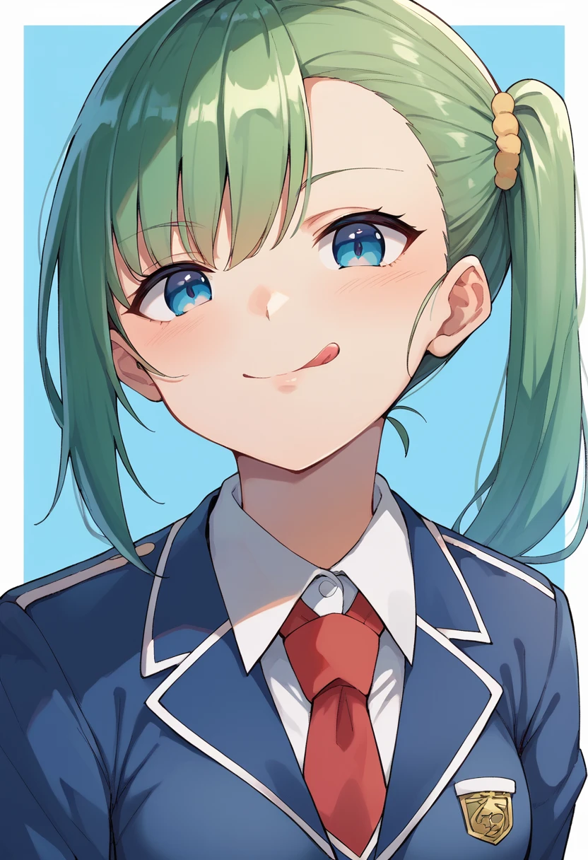 <lora:Lien-06:1> ,lien,  green hair, side ponytail, blue eyes, blue school uniform, red tie, happy, licking lips, blue jacket, medium breasts,, score_9, score_8_up, score_7_up, source_anime,