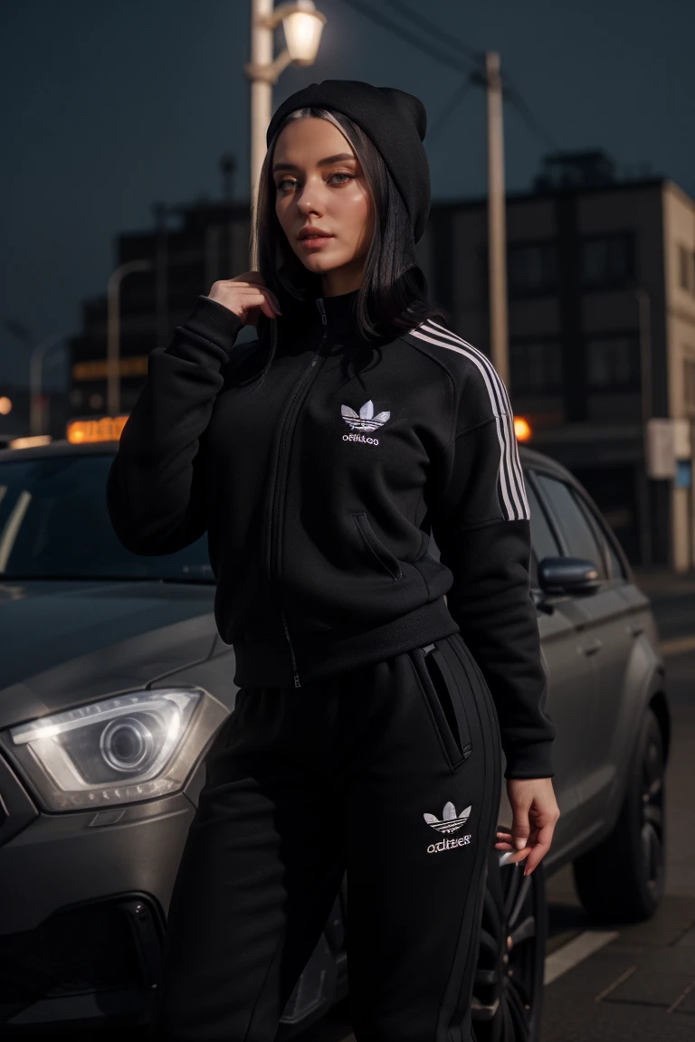 (cinematic light), [blurry background, exterior, cold, russian streets, winter, raytracing, extremely detailed background], (portrait), (model posing), (black hair), (adidas tracksuit, black adidas pants, black cap), arilaviee <lora:Arilavieev5-000008:0.95>