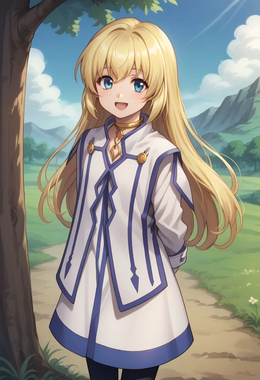 score_9, score_8_up, score_7_up, source_anime, highly detailed, 
colette, 1girl, solo, long hair, blonde hair, blue eyes, pantyhose, smile, open mouth,
boots, arms behind back, black pantyhose, dress, choker, looking at viewer, :d, upper body,
outdoor, sky, tree