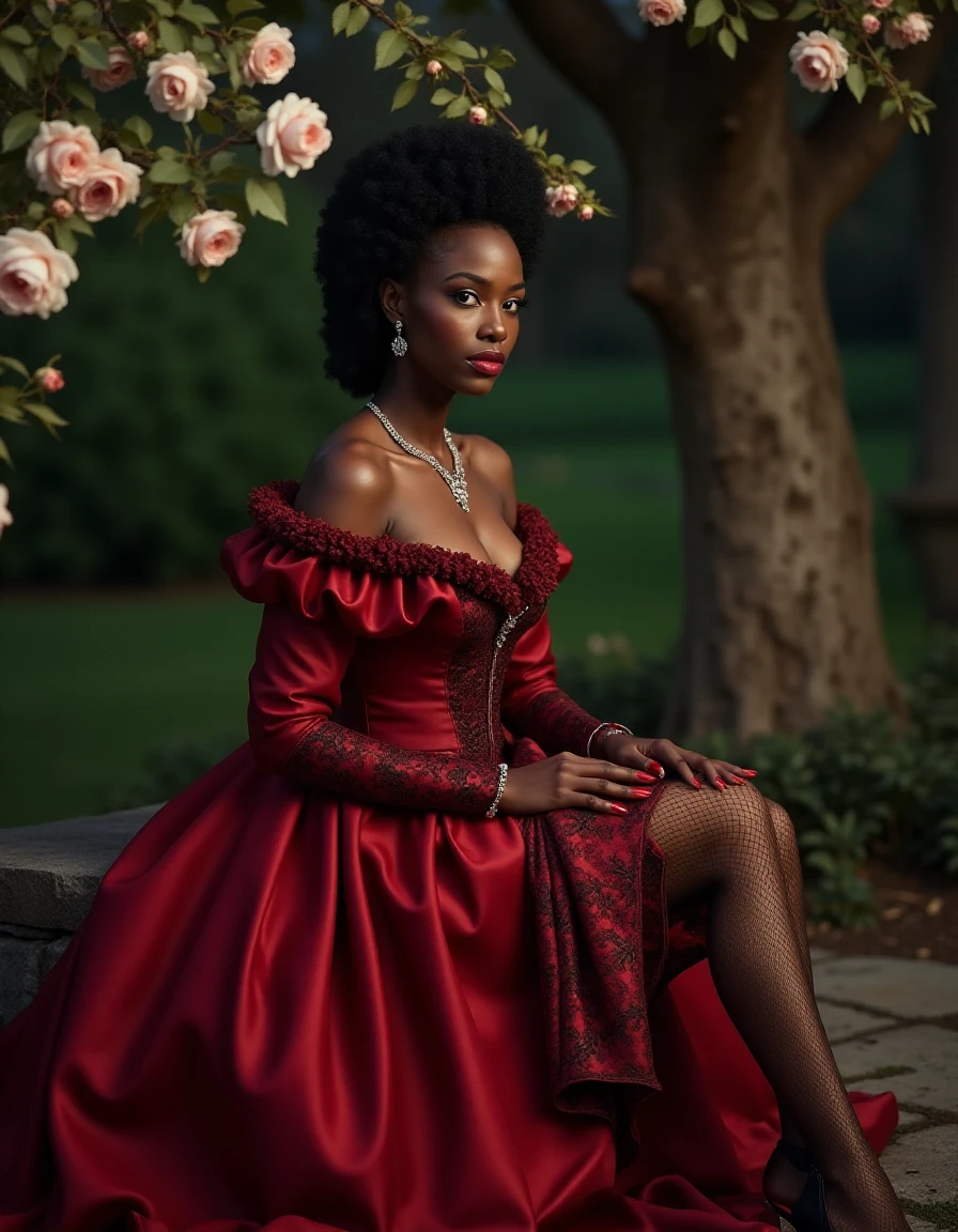 Very sensual woman,<(ravishing harlot) young woman, south african, dark skin, black eyes, wearing a crimson ball gown, fishnet stockings, high-heeled shoes, diamond earrings, rosy cheeks,subtle blush,beauty mark, silk gloves,embroidered shawl, set in the 18th century, in secluded garden, moonlight casting a soft glow on the flowers, a stone bench under a blooming tree, the sound of a nearby fountain, the scent of roses in the air >,dramatic lighting, hyper-realistic, detailed shading, cinematic, 4k resolution, a masterpiece, <lora:Pure Woman_epoch_1:1>