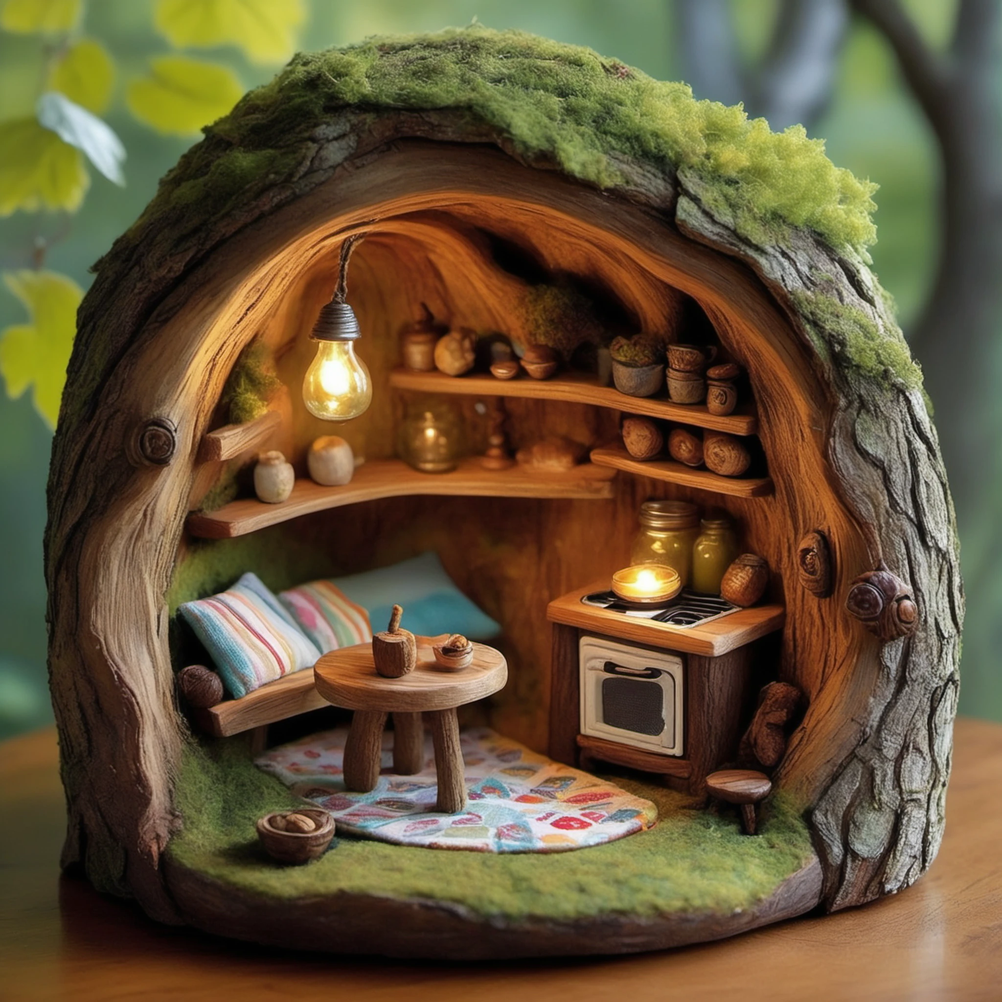 FRESHIDEAS The home of the squirrel A whimsical tree hollow home belonging to a squirrel,nestled high within the trunk of an ancient oak tree. Inside,the space is cozy and creatively furnished,blending natural elements with miniature,rustic furniture. A small wooden table and chairs **** from acorns and twigs sit in the center of the room. On one side,there's a tiny bed **** of soft moss and leaves,with a quilt crafted from colorful scraps of fabric. The walls are adorned with shelves carved directly into the wood,holding acorn cups,nuts,and tiny trinkets. In one corner,there's a tiny stove **** from a hollowed-out nut,complete with a small chimney that leads outside. A makeshift lamp,fashioned from a glowing firefly in a jar,sits on a tiny wooden nightstand. The squirrel's kitchen includes miniature appliances **** a tiny refrigerator crafted from a pinecone and a leaf-lined oven. The room is illuminated with warm,soft light filtering through a small,round window,offering a view of the surrounding forest. Outside,the tree is surrounded by lush greenery,with the entrance cleverly camouflaged by vines and leaves,