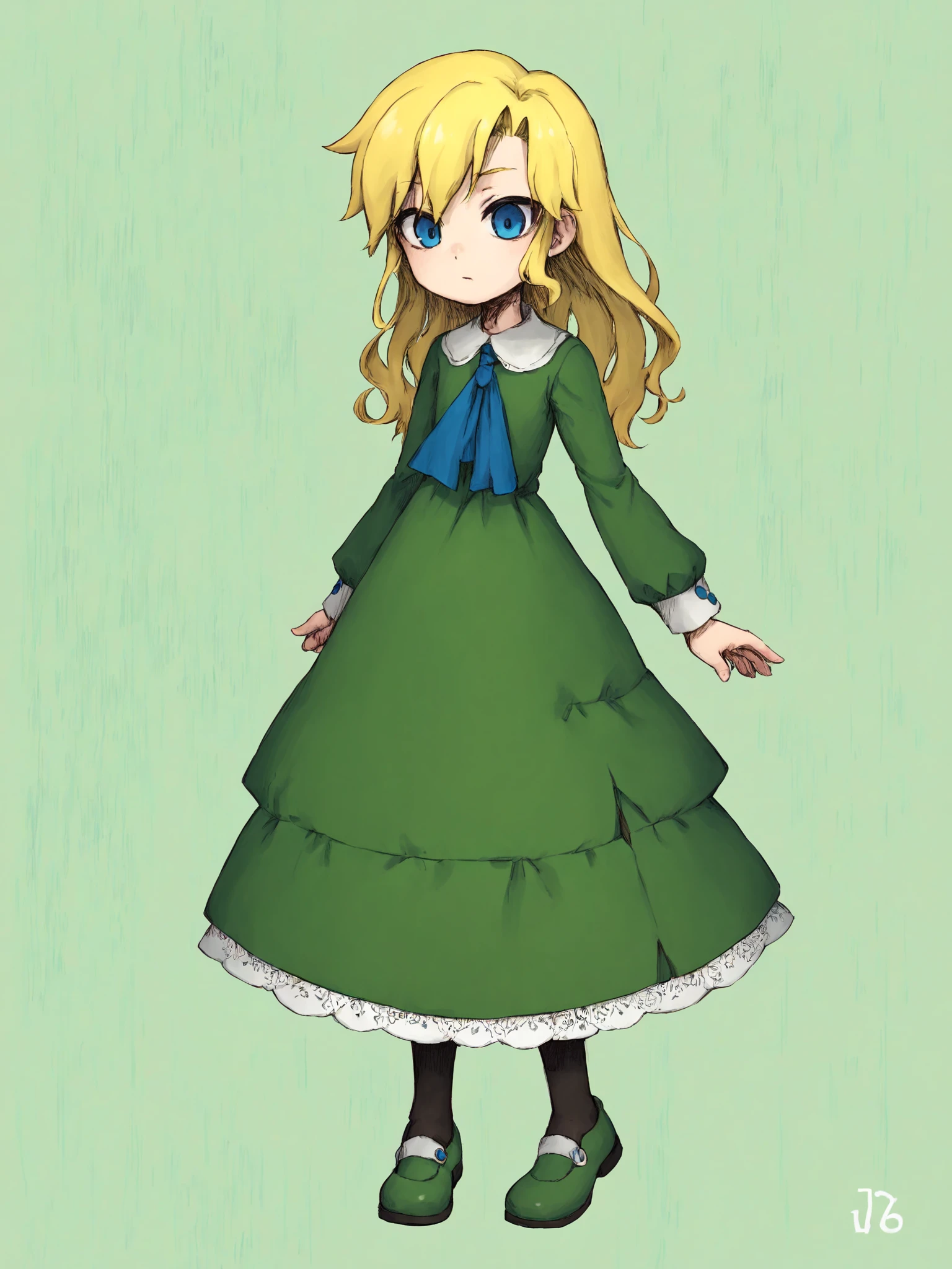 score_9, score_8_up, score_7_up, uncensored, ib,  
1girl, mary (ib), solo, long hair, child, aged_down, flat_chest, blue eyes, blonde hair, long sleeves, dress, pantyhose, shoes, green dress, 