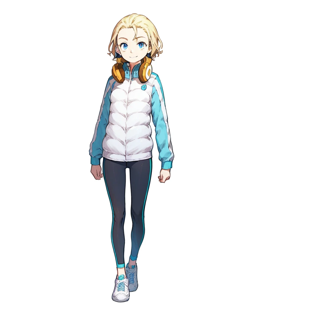 score_9, score_8_up, score_7_up, patricia birdway, toaru, 1girl, 1girl, solo, blonde hair, headphones around neck, blue eyes, headphones, smile, shoes, white background, full body, short hair, simple background, looking at viewer, pants, jacket, standing, sneakers, leggings, long sleeves