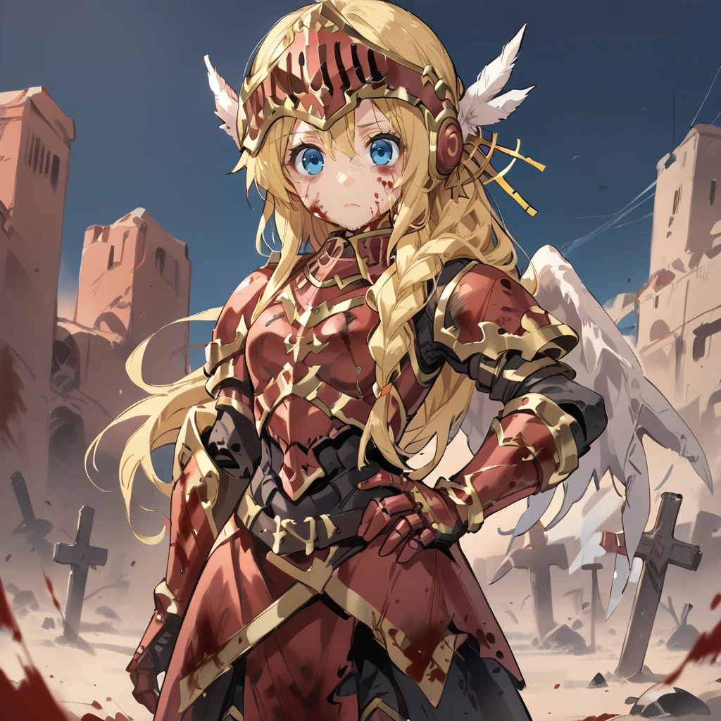 (score_9, score_8_up, score_7_up, score_6_up), source anime, BREAK, <lora:Aegina:0.60> , aegdef, 1girl, blonde hair, long hair, braid, blue eyes, valkyrie, visor (armor), winged helmet, armored dress, armor, gauntlets, boots, serious, closed mouth, looking at viewer, solo, cowboy shot, angel, angel wings, white feathers, blood, blood on clothes, blood on face, hand on hip,   <lora:04kXLP:0.5> , 04k, battlefield, bloody, corpses, crosses, graveyard, rubble,  <lora:Pony_XL_TYGS_Gloom_Bloom_Gloomy_Anime_Art_Style:0.6>, <lora:zy_Detailed_Backgrounds_v1:0.5> , detailed background, highly detailed,  castle, fortress, wasteland, desert, sunset,