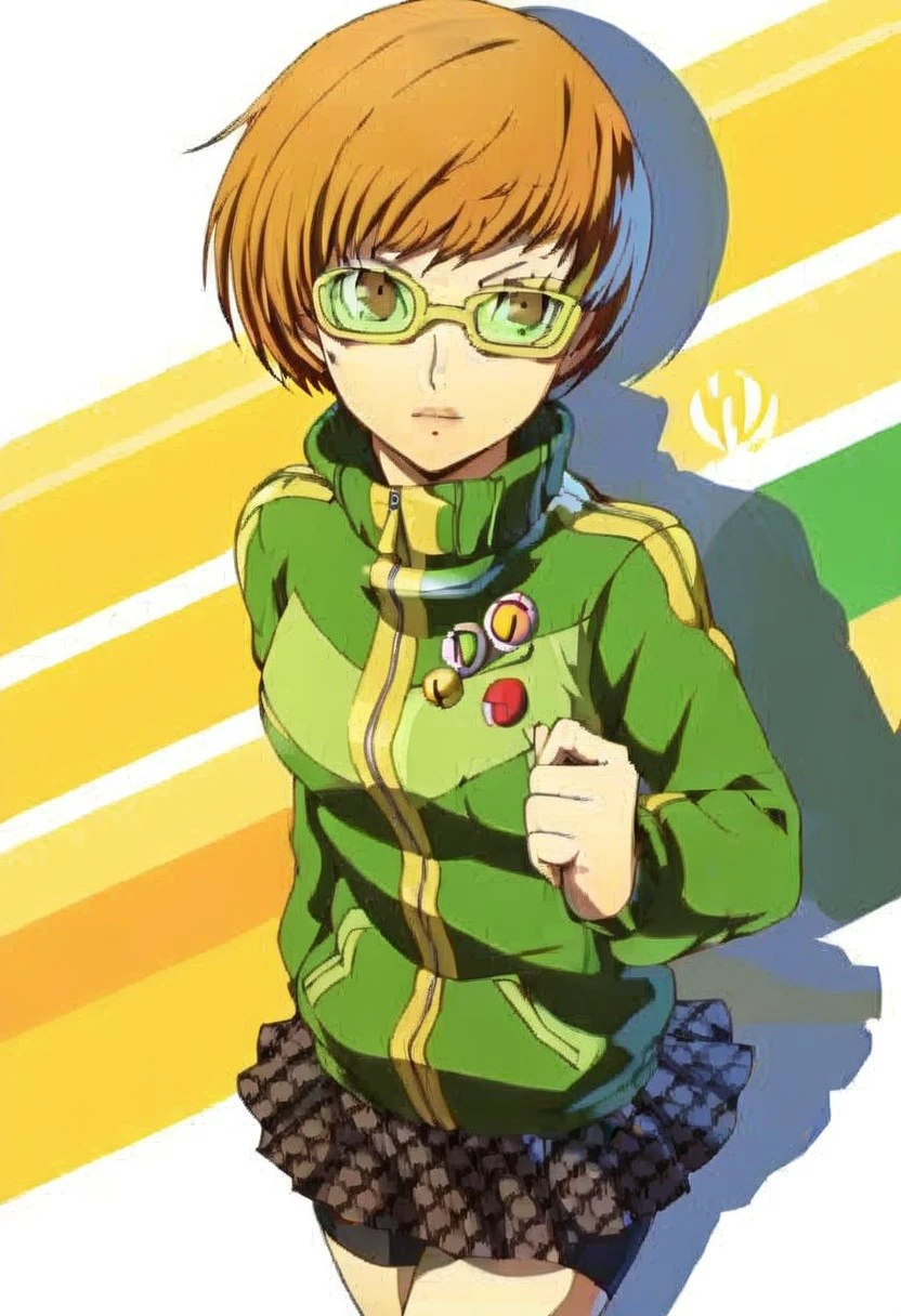 1girl, solo, short hair, skirt, brown hair, brown eyes, jacket, pleated skirt, glasses, bike shorts, track jacket, green jacket, badge, yellow-framed eyewear, ,zipper, button badge, satonaka chie