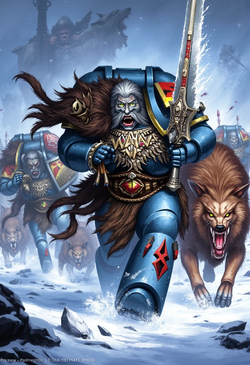 In the midst of a chaotic battle, a pack of Space Wolves Space Marines charges forward, depicted in a bold, dynamic comic book style. Their armor, marked with the symbols of their Great Company and adorned with the pelts of fierce Fenrisian wolves, is rendered with sharp, clean lines and intense detail. The lead Marine, his wild mane of hair and snarling expression captured with exaggerated features, wields a massive chainsword that roars to life as it cleaves through the enemy. His Thunderwolf companion, equally ferocious, leaps alongside him, its claws and fangs depicted with dramatic, stylized motion lines that emphasize their savage power. The comic style uses a cold, contrasting color palette of icy blues and whites against the blood-red of the battlefield, highlighting the Space Wolves' primal ferocity. The background, a swirling chaos of snow and debris, enhances the sense of movement and energy, with every stroke emphasizing the raw, untamed power of these warriors of Fenris.