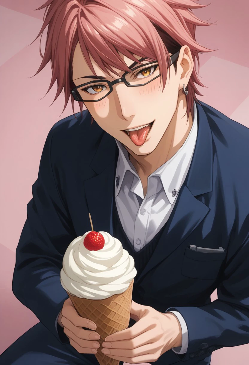 score_9, score_8_up, score_7_up, source_anime, rating_explicit, hands with five fingers, holding ice cream, KojiroSNS, [dark grey Kojiro glasses, grey Kojiro earring, (reddish pink Kojiro hair), brown-yellow Kojiro eyes], 1boy, male focus, blue blazer, blue pants, uniform, open mouth, tongue out, teeth, licking ice cream, smile, blush lines, from above, dutch angle, simple light pink background, cute wallpaper,