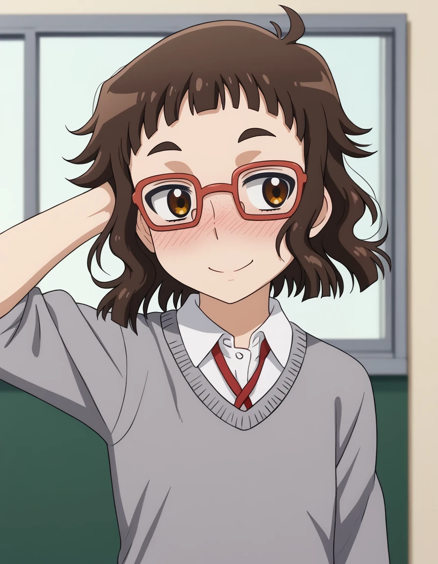 <lora:Otako (Oshiete):1>, otako (oshiete! galko-chan), 1girl, solo, smile, school uniform, blush, looking away, one hand behind head, shy