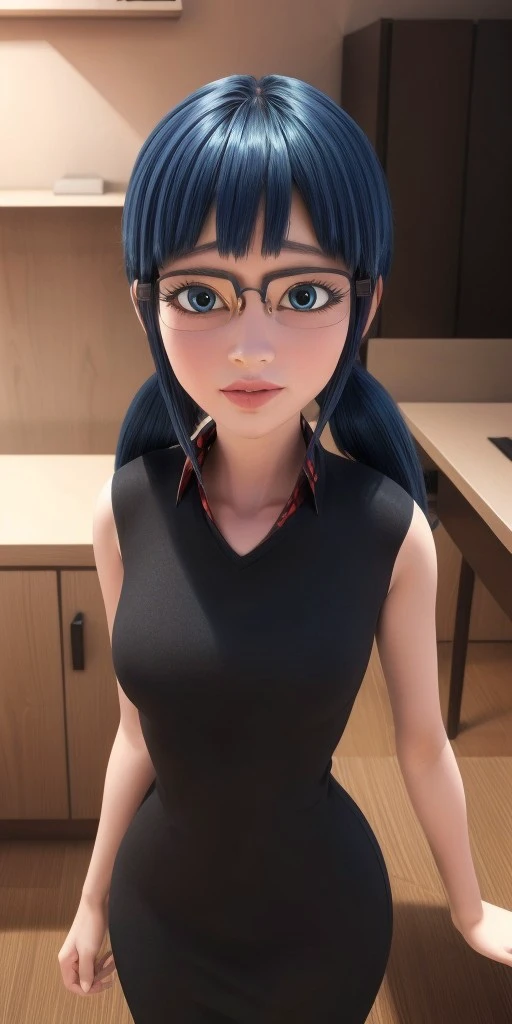 Hyperrealistic, photorealistic, super detailed, blue eyes, black square-shaped glasses, shoulder-length black hair with blue reflections tied back in ponytails, light pink lips, body like in real life, large pores, light skin-tone, slender, beautiful arms, little breasts, unreal engine, octane render, droped shadow, bokeh, cinematic lighting, <lora:add_detail:0.5>, <lora:Volumetric_lighting:0.6>, Socqueline Wang, <lora:2e3d8eda-f9e4-4a3e-a875-3900cd8f995c:0.7>